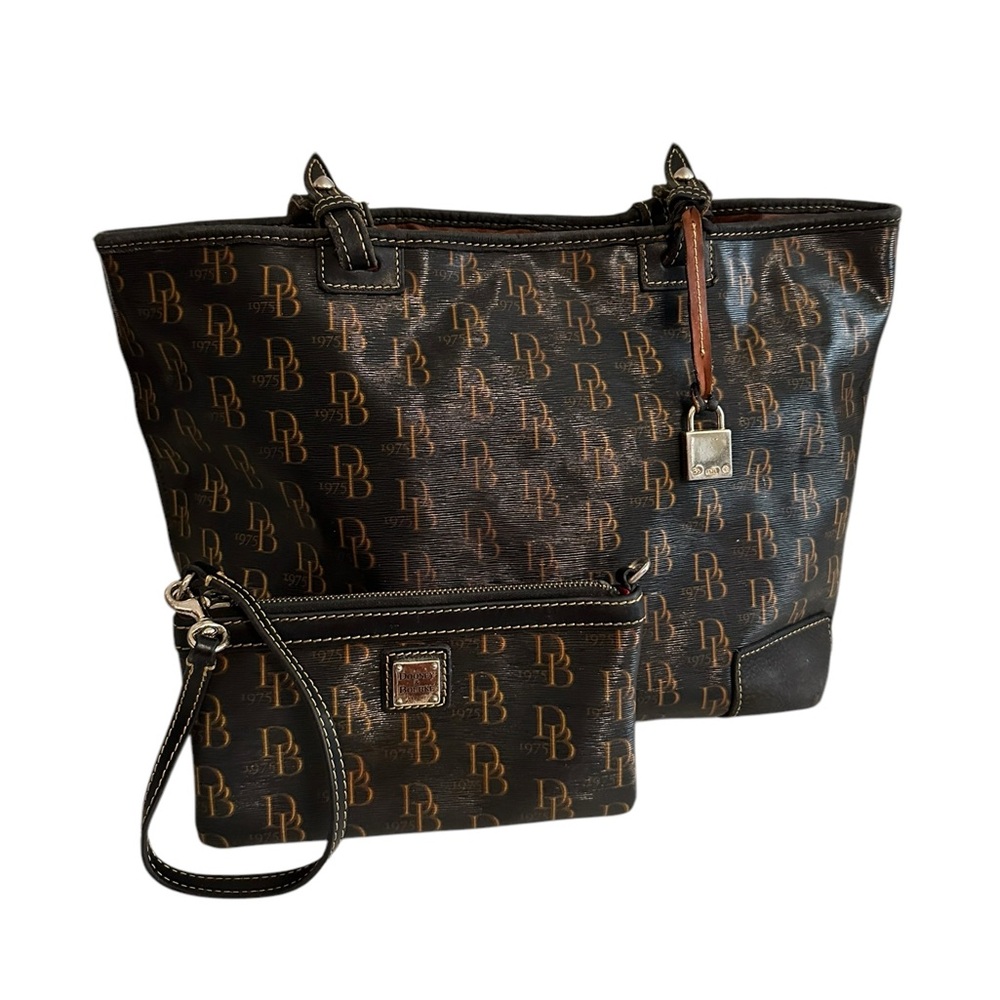 Dooney & Bourke Susanna Tote & Wristlet Set Black Monogram Leather Vintage